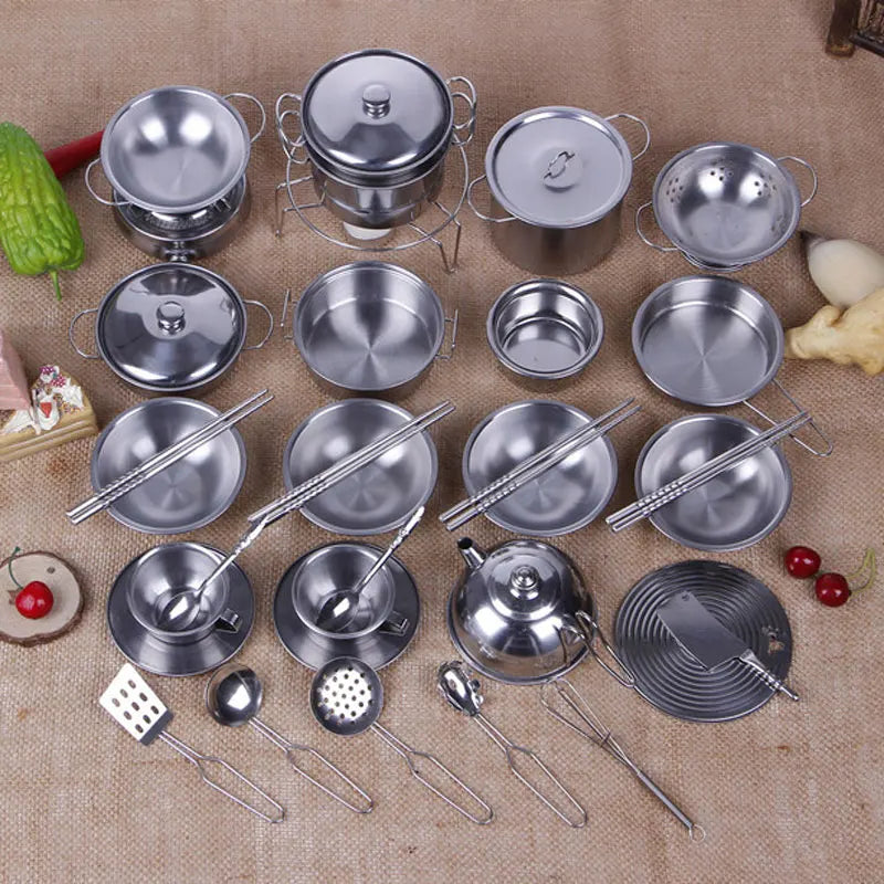 Stainless Steel Funny Kids Simulation Kitchen Toys Cooking Cookware Children Kitchen Tableware Pretend Role Play Toy for Kids