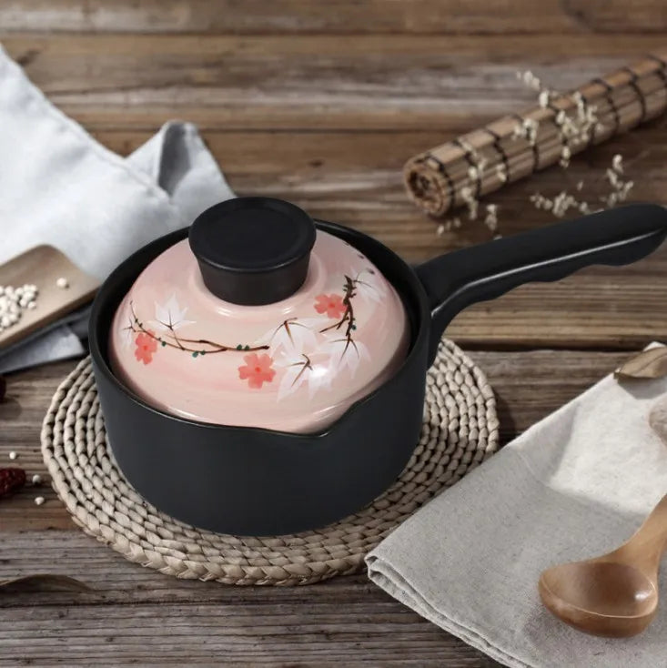 Cherry blossom ceramic baby auxiliary pot ceramic small dairy pot household single handle casserole non-stick soup stewpan