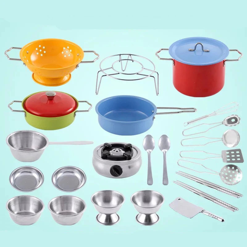 Stainless Steel Funny Kids Simulation Kitchen Toys Cooking Cookware Children Kitchen Tableware Pretend Role Play Toy for Kids