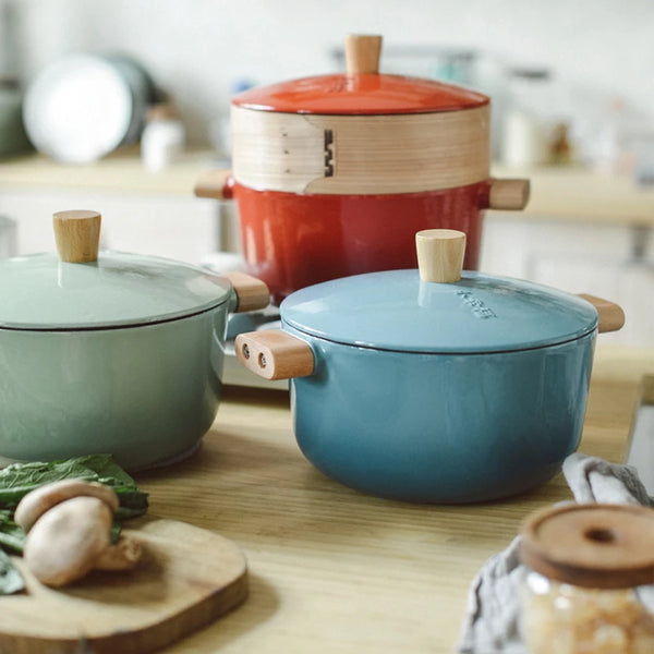 Cast iron enamel steamer household multi-functional non stick stew soup pot steamed bread bamboo wood steaming pan stewpan