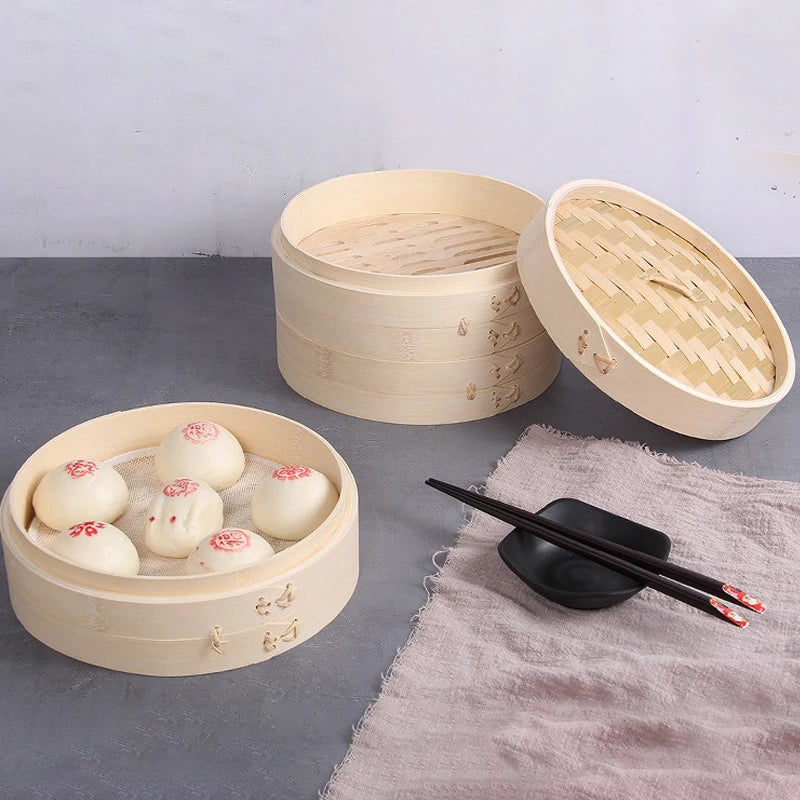 15/18/21cm Chinese Dumplings Bamboo Steamer Cooker With Lid Dimsum Steamer Fish Rice Vegetable Basket Kitchen Cooking Tools