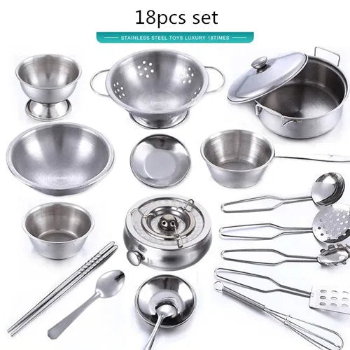 Stainless Steel Funny Kids Simulation Kitchen Toys Cooking Cookware Children Kitchen Tableware Pretend Role Play Toy for Kids