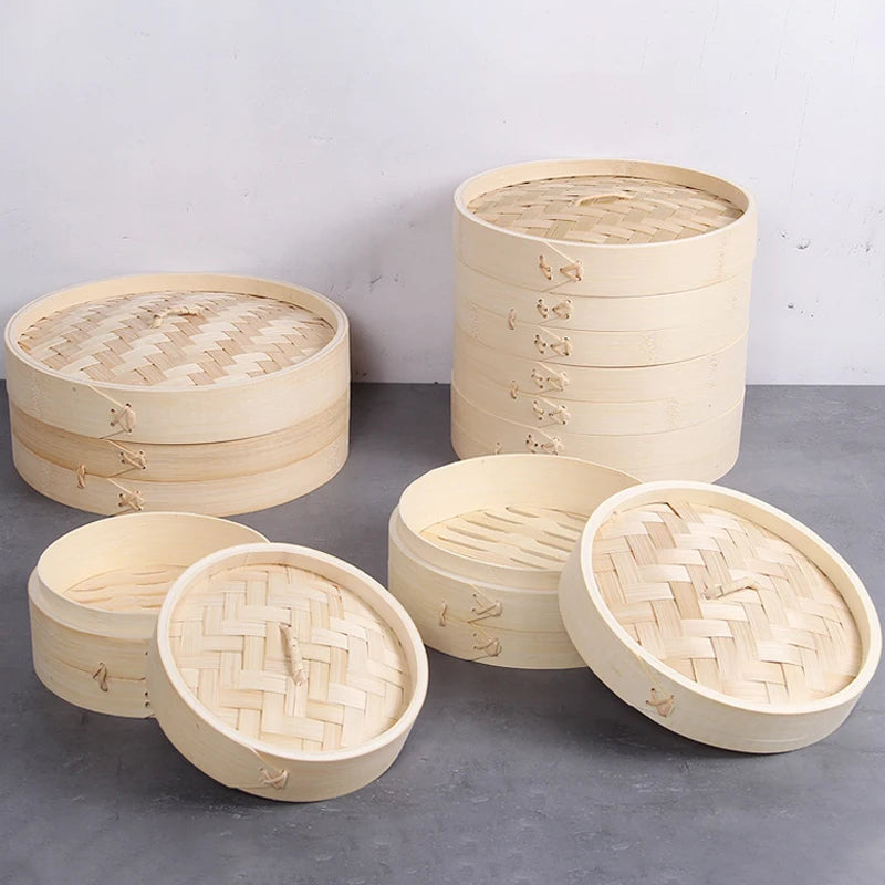 15/18/21cm Chinese Dumplings Bamboo Steamer Cooker With Lid Dimsum Steamer Fish Rice Vegetable Basket Kitchen Cooking Tools