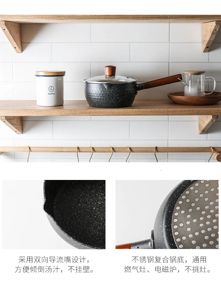 Japanese snow pan baby food small milk pot household non stick cooking noodle soup rice stewpot wood handle stewpan saucepot