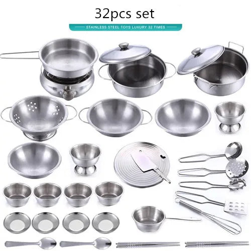 Stainless Steel Funny Kids Simulation Kitchen Toys Cooking Cookware Children Kitchen Tableware Pretend Role Play Toy for Kids