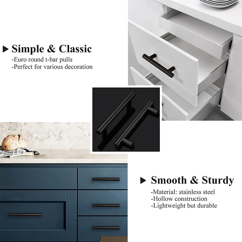 Kitchen Cabinet Pulls Furniture Drawer Handles Stainless Steel T Bar Straight Wardrobe Door Knobs Black Silver Cupboard Handle