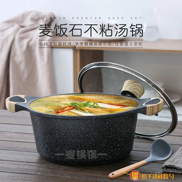 Korean medical stone paste soup noodle stew cooking pot double ears stewpan hot pot household cooker wood handle glass cover lid