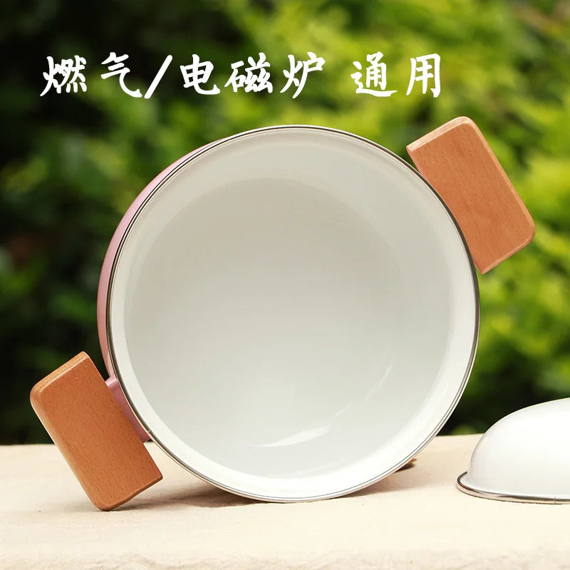 Jpanese enamel porcelain milk pot baby food small stewpan soup noodle health pot wood handle gas induction cooker