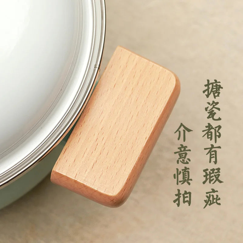 Jpanese enamel porcelain milk pot baby food small stewpan soup noodle health pot wood handle gas induction cooker
