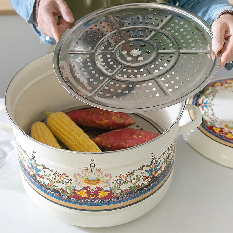 Large capacity vintage enamel steamer rice soup stew pot porcelain enameled steamer pan saucepan stewpan induction cooker 23L
