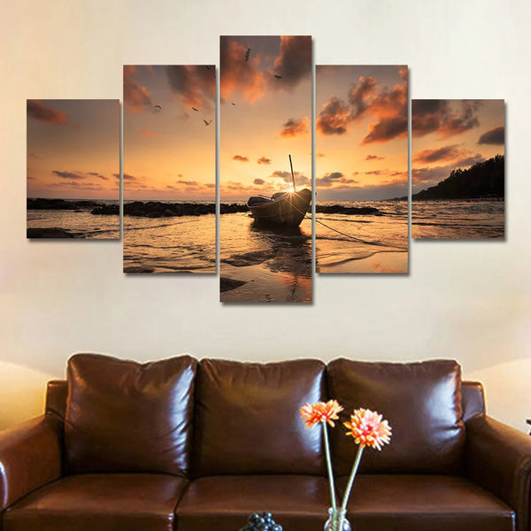 Wall Art Canvas Prints 5 Piece Seascape Painting Sunset Beach Boat Posters on the Wall Aesthetic Room Decor Bedroom Decoration