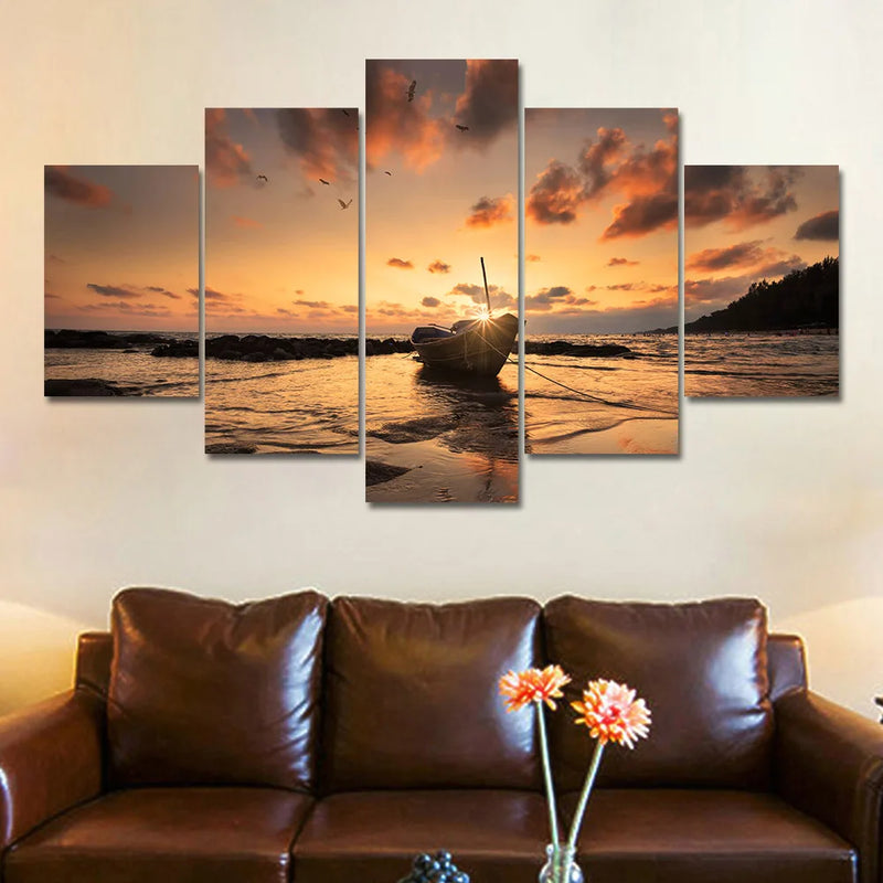 Wall Art Canvas Prints 5 Piece Seascape Painting Sunset Beach Boat Posters on the Wall Aesthetic Room Decor Bedroom Decoration