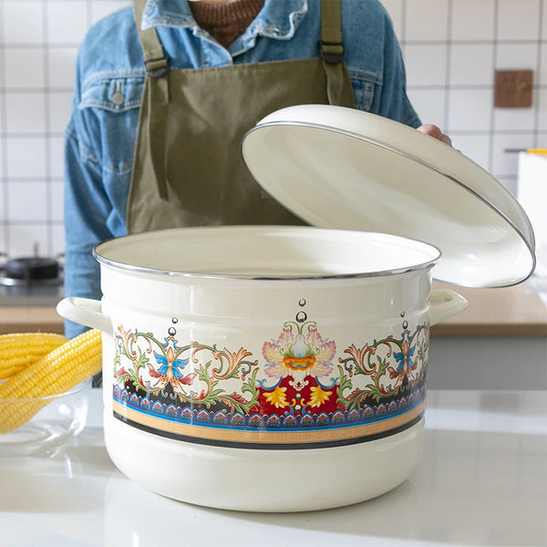 Large capacity vintage enamel steamer rice soup stew pot porcelain enameled steamer pan saucepan stewpan induction cooker 23L