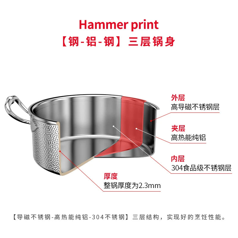 Yuanyang pot hot household Italian handmade hammering 304 stainless steel three-layer steel soup stewpan two-flavor chafingdish