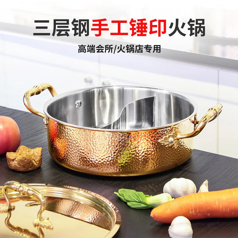 Yuanyang pot hot household Italian handmade hammering 304 stainless steel three-layer steel soup stewpan two-flavor chafingdish