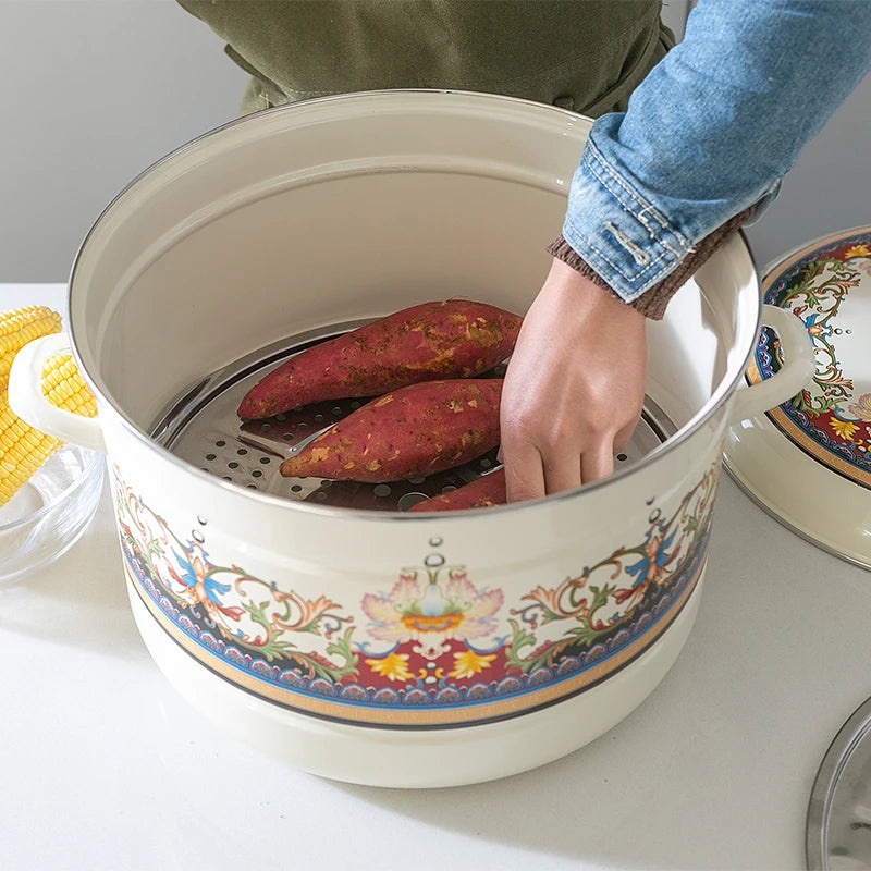 Large capacity vintage enamel steamer rice soup stew pot porcelain enameled steamer pan saucepan stewpan induction cooker 23L