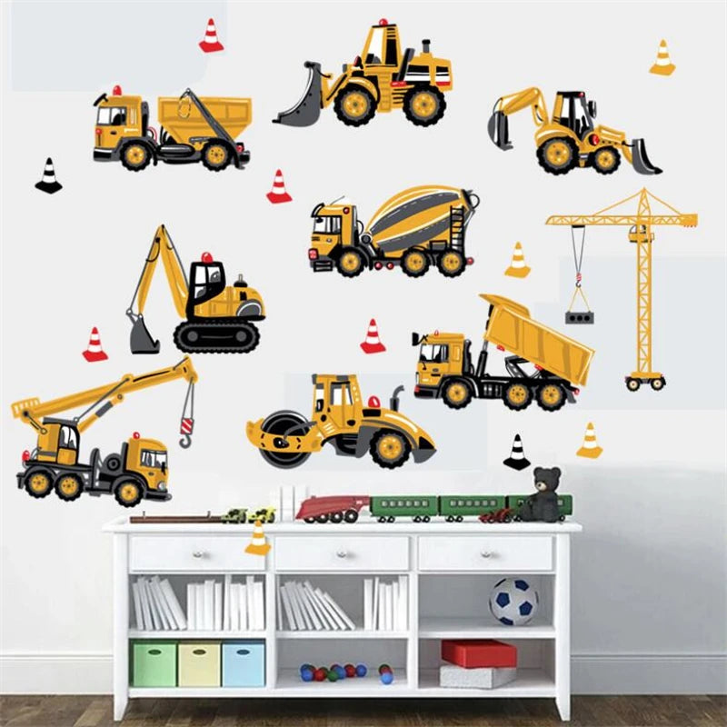 3D Cartoon Automotive Engineering Vehicle Wall Stickers For Kids Room Home Bedroom PVC Decor Cartoon Movie Mural Art Decals