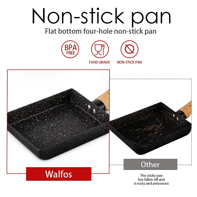 Walfos Frying Pan Tamagoyaki Omelette Black Non-Stick Pan Fry Egg Pan Pancake Kitchen Pot Maker Breakfast Pot Mini Cook