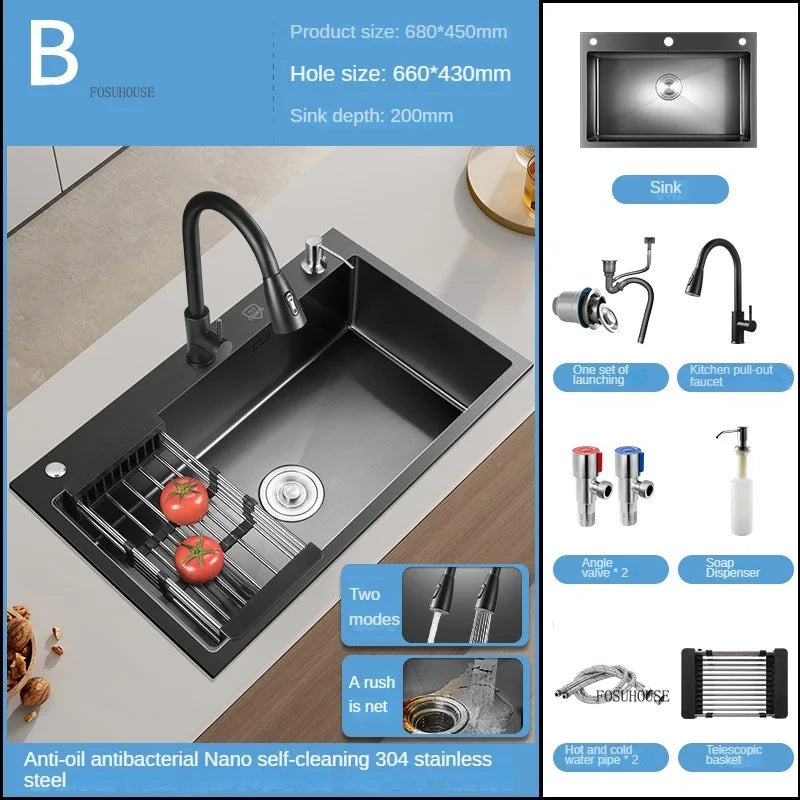 German Nano Sinks for Apartments Black Metal Three-hole Drain Kitchen Sink Light Luxury Household Kitchen Sink for Rental Houses