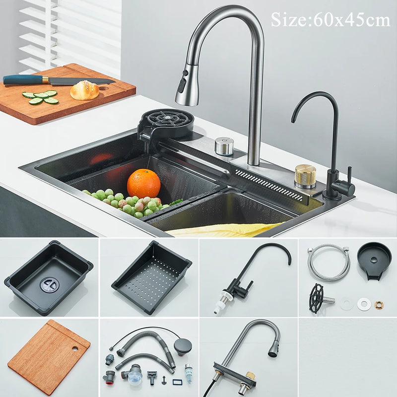 Kitchen Sink Faucet Large Integrate Digital Display Multi-Function Buttons Waterfall Soap Dispenser Cup Washer Kitchen Sink