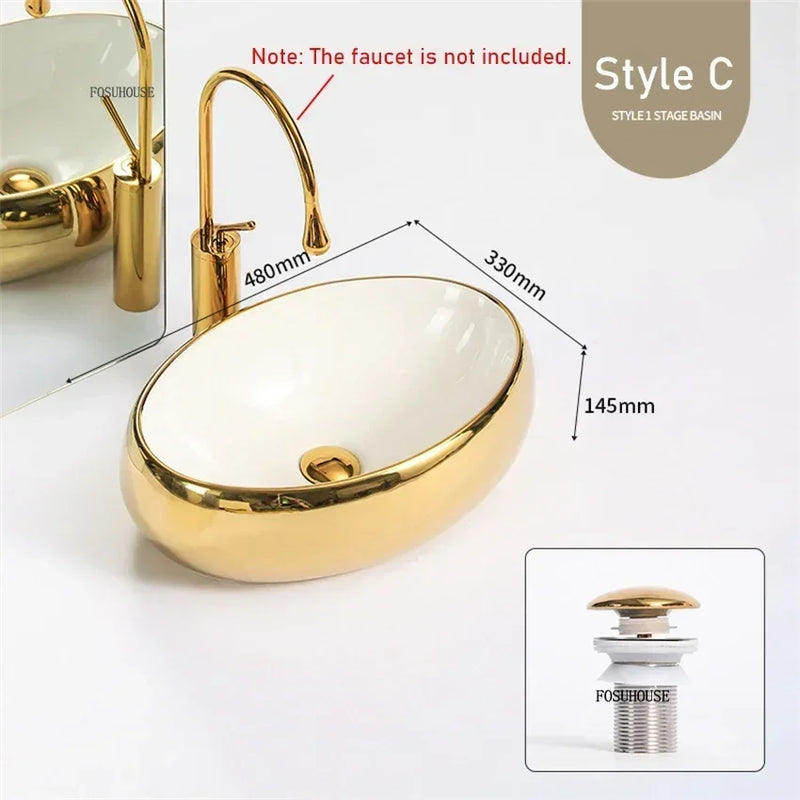 Luxury Gold Ceramic Tabletop Bathroom Sinks Home Hotel European Minimalist Household Washbasin Square Bathroom Wash Basins d