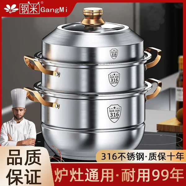 316 Stainless Steel Steam Pot 40cm Steamer Pot Home Appliance 4 Layers Steamer Cooker Soup Pots for Cooking Hotpot Cookware Set