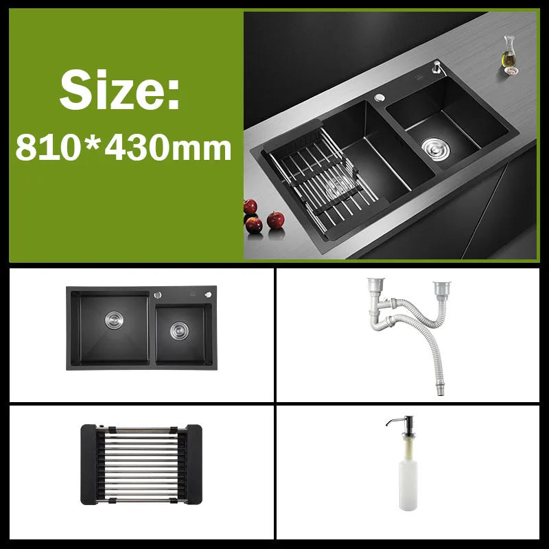 304 Stainless Steel Nano Black Kitchen Sink Vegetable Wash Basin For Home Fixture With  Faucet Drain Accessories Topmount