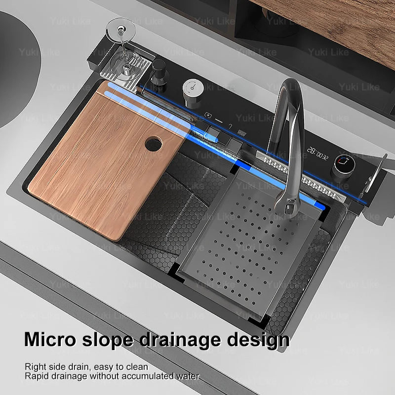 Waterfall Sink Stainless Steel Kitchen Sink Embossed Large Single Slot Ambient light Digital Display Faucet Set Soap Dispenser