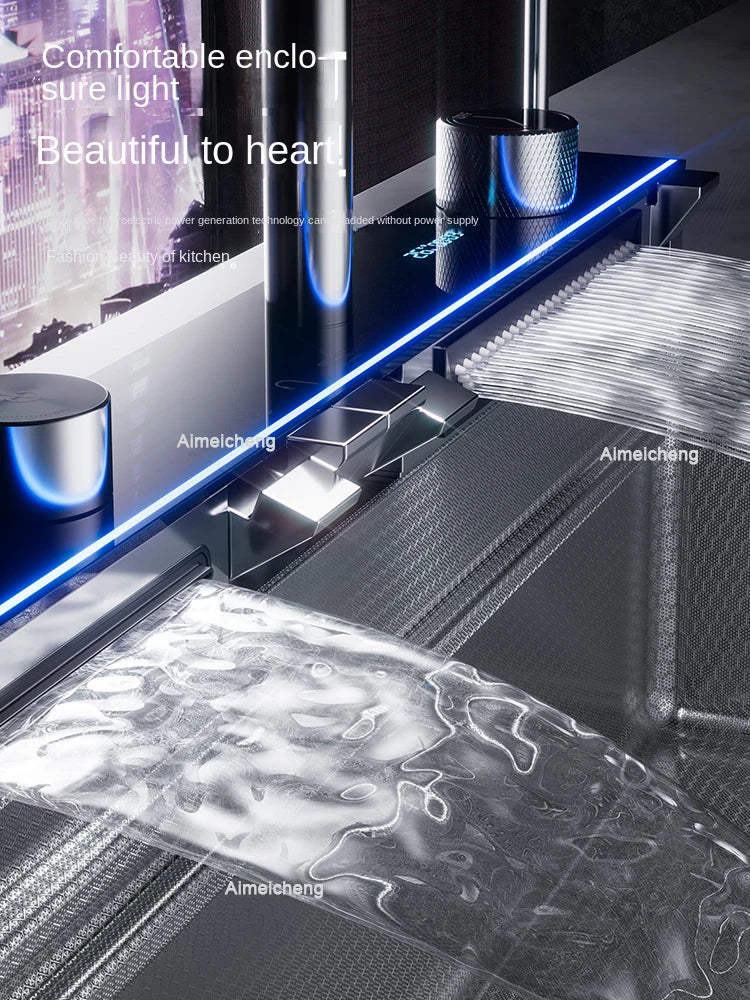 Silver Nano 304 Stainless Steel Digital Display Waterfall Sink Multifunctional Vegetable Washing Pool Integrated faucet