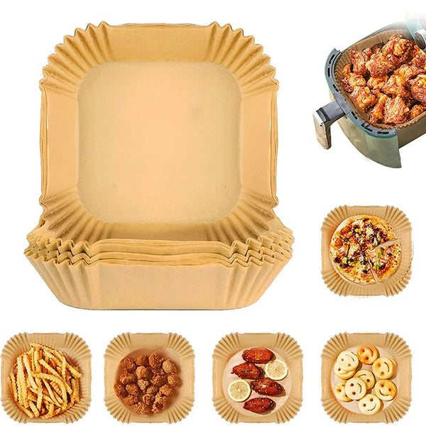50/100pcs Air Fryer Disposable Paper Liner Non-Stick Mat Steamer Round Square Paper Baking Mats Kitchen Baking AirFryer Tools