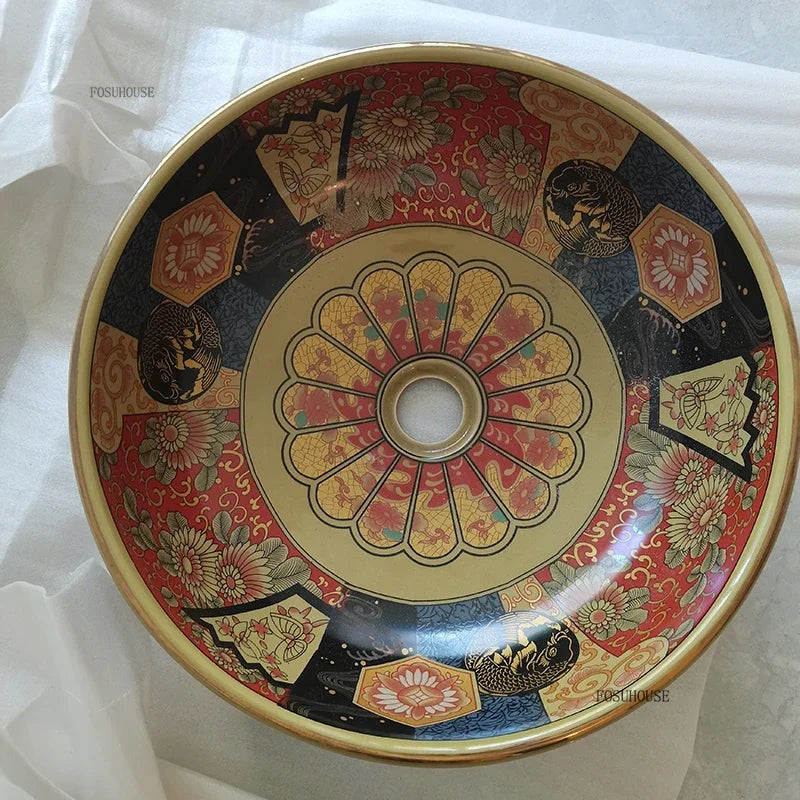 American Art Bathroom Sinks European Ceramic Wash Basin Retro Home Round Single Basin Balcony Toilet Creative Hand Painted Basin