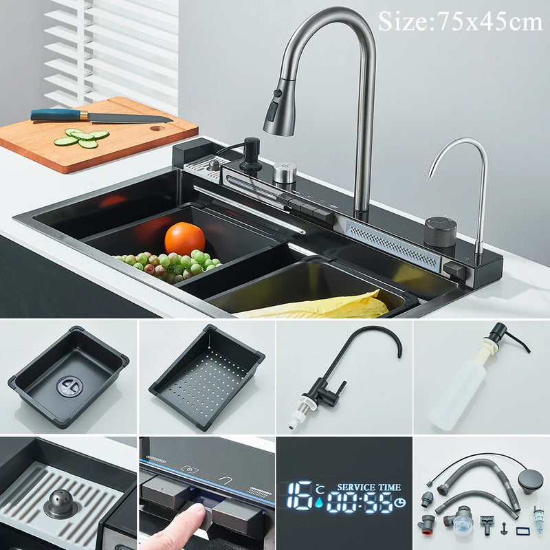 Kitchen Sink Faucet Large Integrate Digital Display Multi-Function Buttons Waterfall Soap Dispenser Cup Washer Kitchen Sink