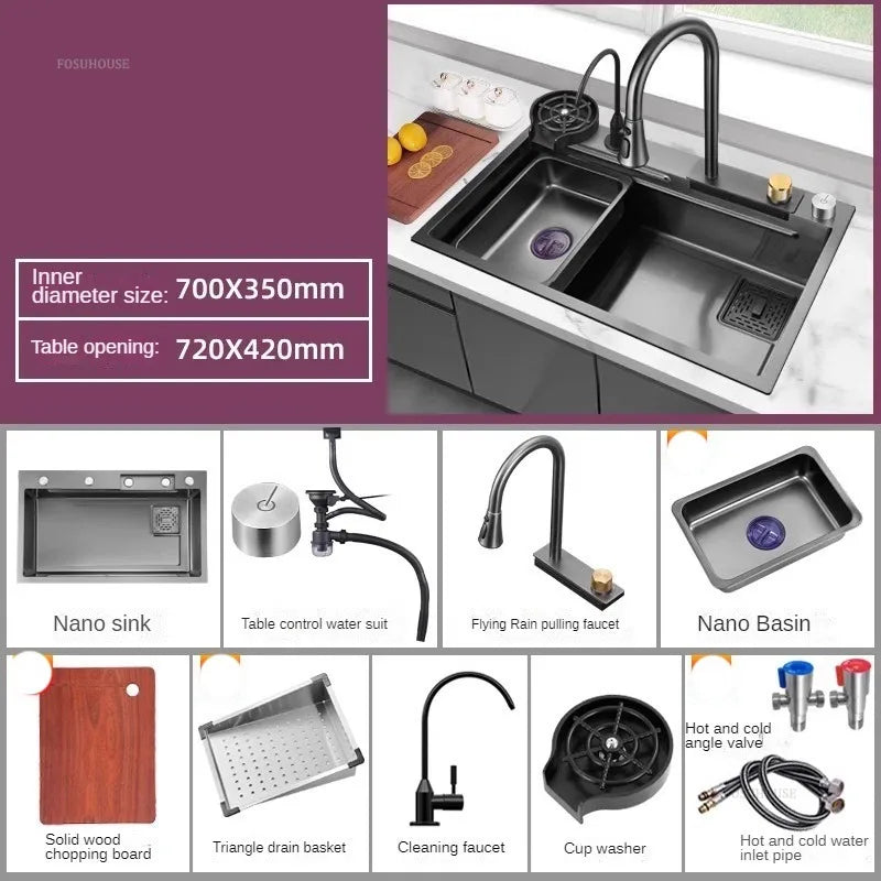 Nordic Metal Kitchen Sinks for Bar Counter Smart Digital Display with Cup Washer Sinks Light Luxury Design Sink for Dining Room