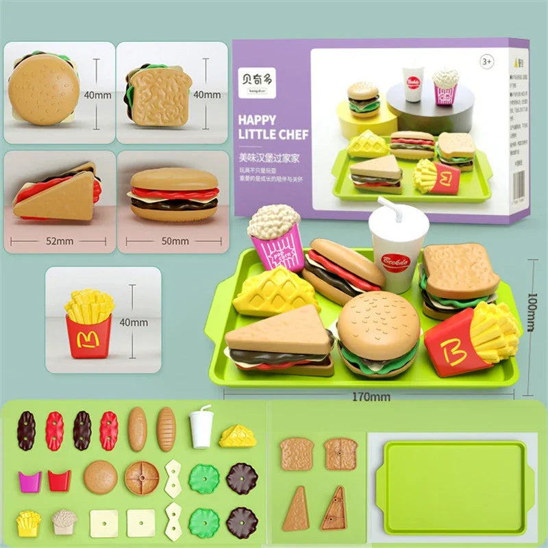 Children Hamburger Pretend Play Cooking Toys Set Mini Simulation Food Kitchen Toys For Girls Sandwich Fries Burger Assembly Game