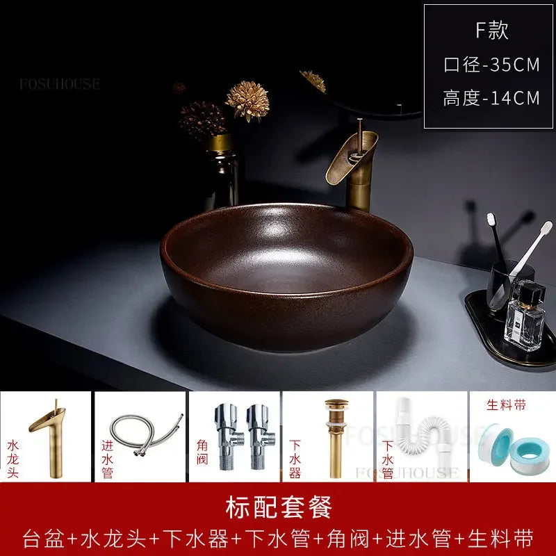 European Retro Bathroom Sinks Ceramic Home Bathroom Washbasins Countertop Basin Small Size Washing Sink Round Single Wash Basin