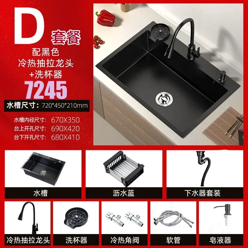 Stainless Steel Kitchen Sinks Black Nano Large Single Tank Countertop Basin Home Kitchen Vegetable Sink 304 Thickened Wash Basin