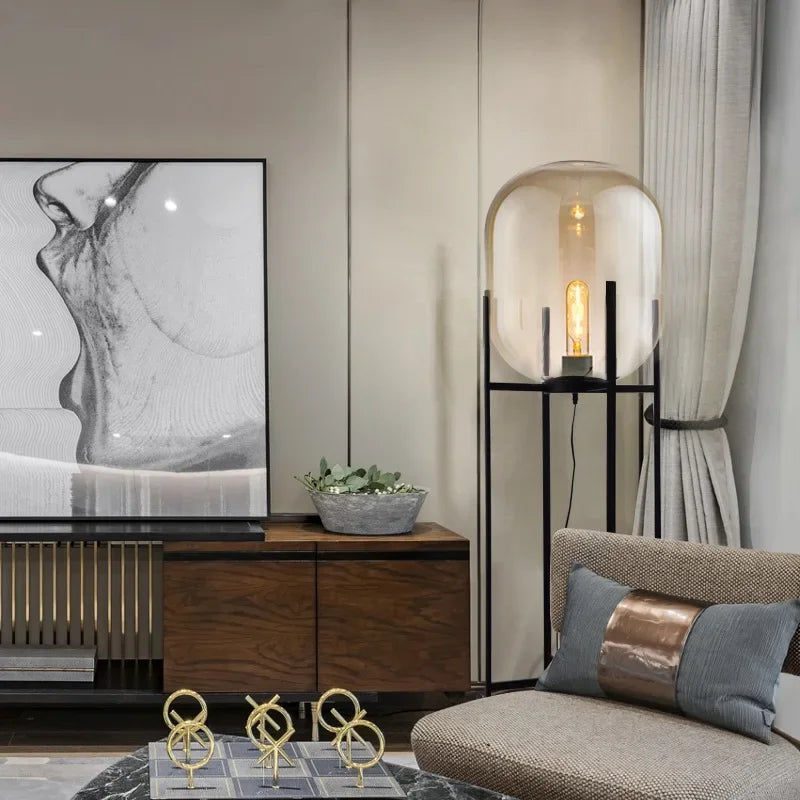Post-Modern Nordic Glass LED Floor Lamp for Bedside Table Living Room Home Decor Villa Hotel Cafe Standing Light Industrial E27