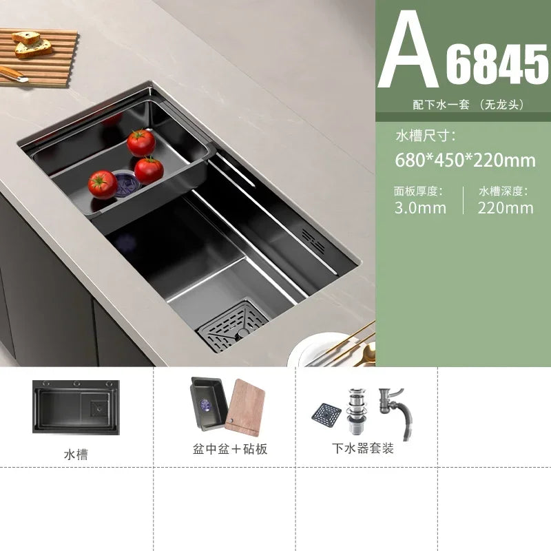 Stainless Steel Kitchen Sinks Black Nano Large Single Tank Countertop Basin Home Kitchen Vegetable Sink 304 Thickened Wash Basin