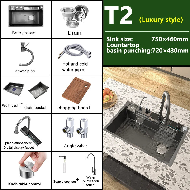 Waterfall Sink Stainless Steel Kitchen Sink Embossed Large Single Slot Ambient light Digital Display Faucet Set Soap Dispenser