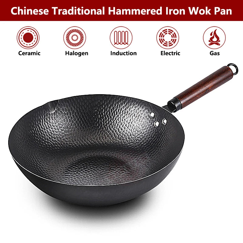 32cm Carbon Steel Wok Woks & Stir Fry Pans Wok Pan with Lid No Chemical Coated Flat Bottom Wok for Electric Induction Gas Stoves
