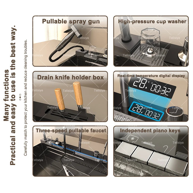 Stainless Steel Waterfall Kitchen Sink Embossed Single Bowl Digital Display Extra Large Multifunctional Washing Sinks 100x50cm