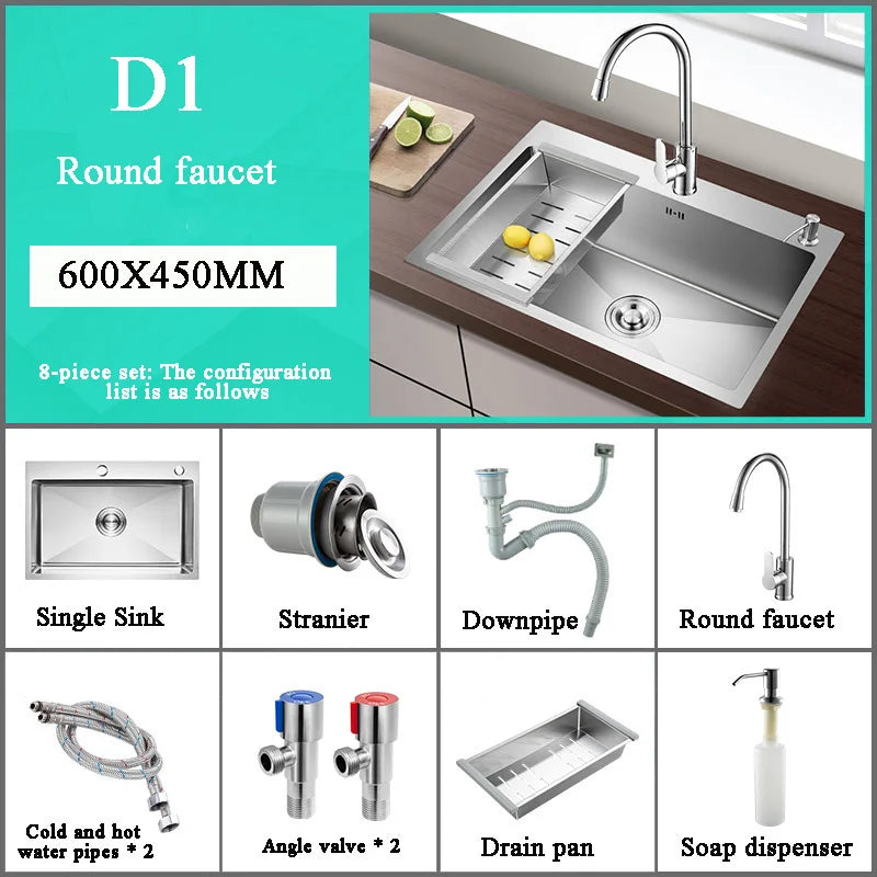 Stainless Steel Kitchen Sink Farmhouse Above Counter Undermounter Single Bowel Wash Basin With Gourmet Faucet Drain Accessories