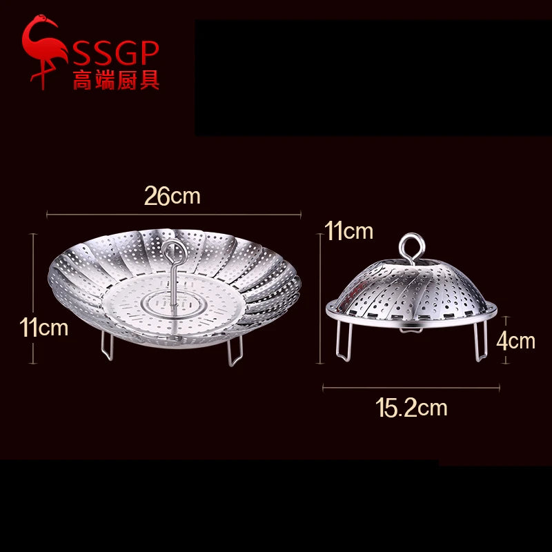 LFGB Certificate 304 Stainless Baozi Steamer Foldable Food Steaming Tray with 4cm Height Rack and 3mm Holes Detachable Handle