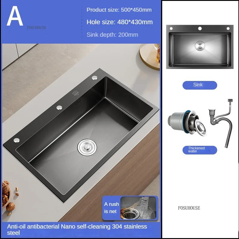 German Nano Sinks for Apartments Black Metal Three-hole Drain Kitchen Sink Light Luxury Household Kitchen Sink for Rental Houses
