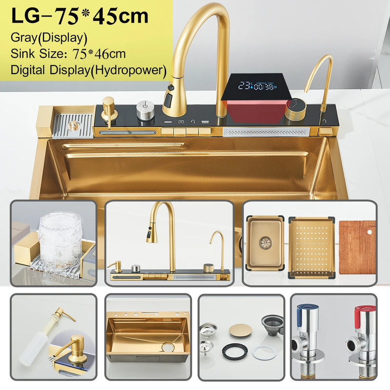 Hownifety Waterfall Sink Kitchen Stainless Steel Topmount Sink Large Single Slot Wash Basin With Multifunction Waterfall Faucet