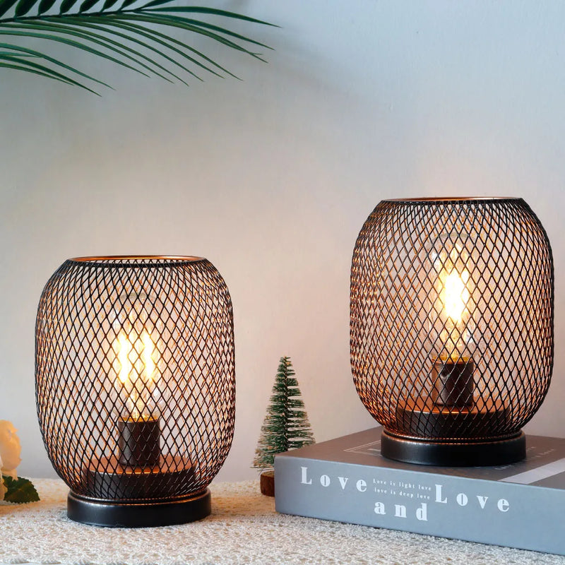 2Pcs Metal Cage Table Lamp Round Shaped LED Lantern Battery Powered Cordless Lamp for Weddings Party  Home Decor Candle Holder