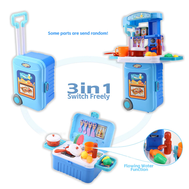 Integrates Storage Boxes and Tableware Kitchen Play Set Movable Kitchens Stove Fruit 3-IN-1 Portable Suitcase Cooking Kits Toys