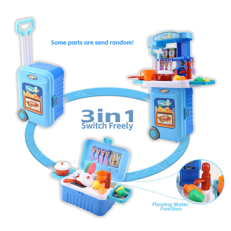 Integrates Storage Boxes and Tableware Kitchen Play Set Movable Kitchens Stove Fruit 3-IN-1 Portable Suitcase Cooking Kits Toys
