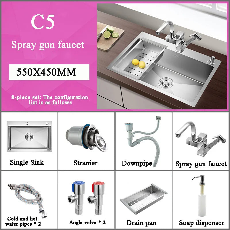 Stainless Steel Kitchen Sink Farmhouse Above Counter Undermounter Single Bowel Wash Basin With Gourmet Faucet Drain Accessories