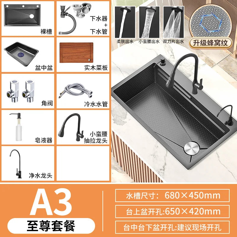 Honeycomb Embossed 304 Stainless Steel Sink, Kitchen Sink 304 Large Single Sink, Thickened Vegetable Basin, Dishwasher